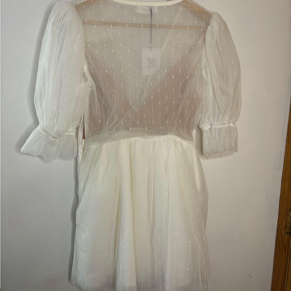 NWT Showpo Akshia Cream Sheer Puff Sleeve Tulle Embroidered Dress - Picture 5 of 10